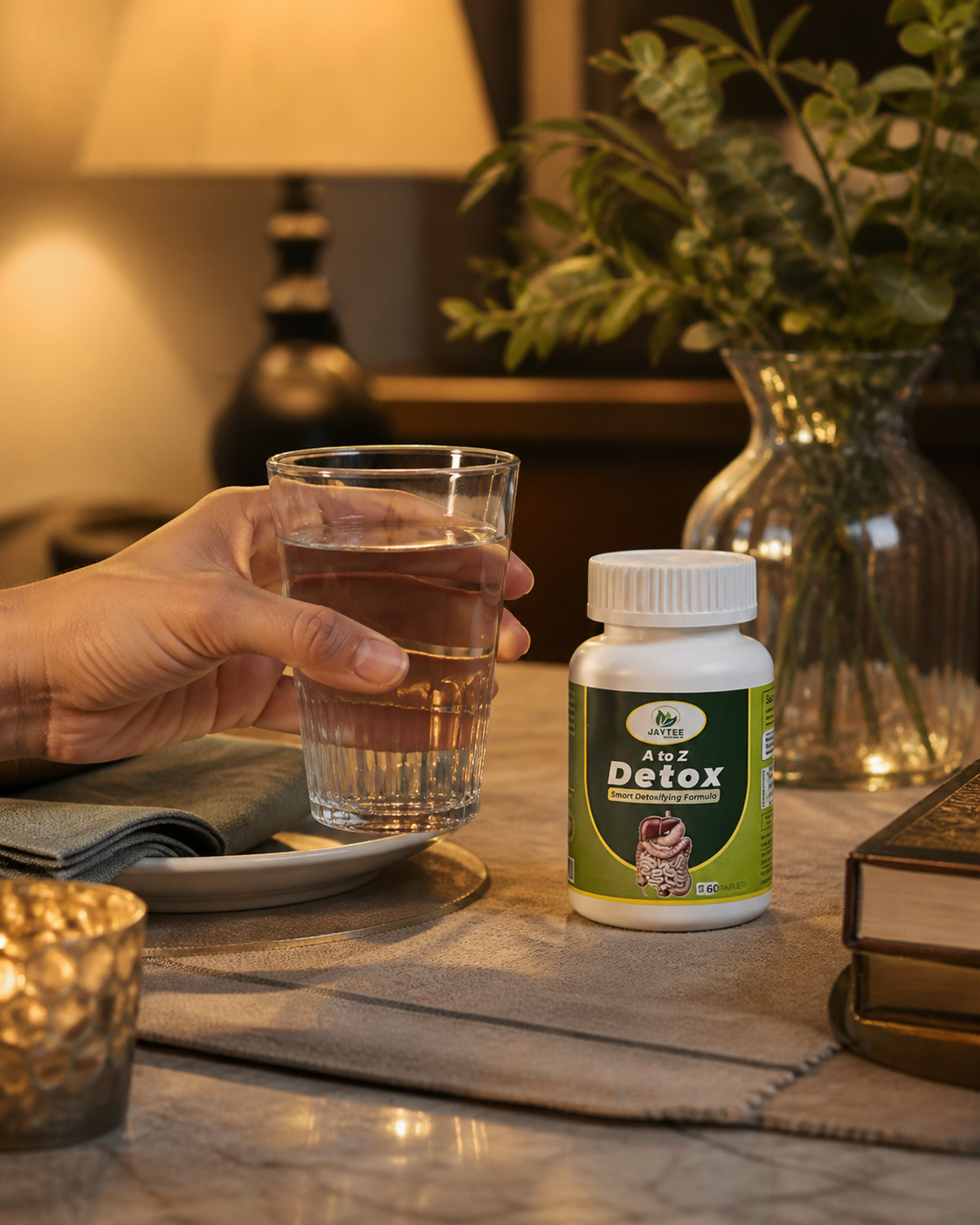 Adult holding a glass of water beside the closed A to Z Detox bottle