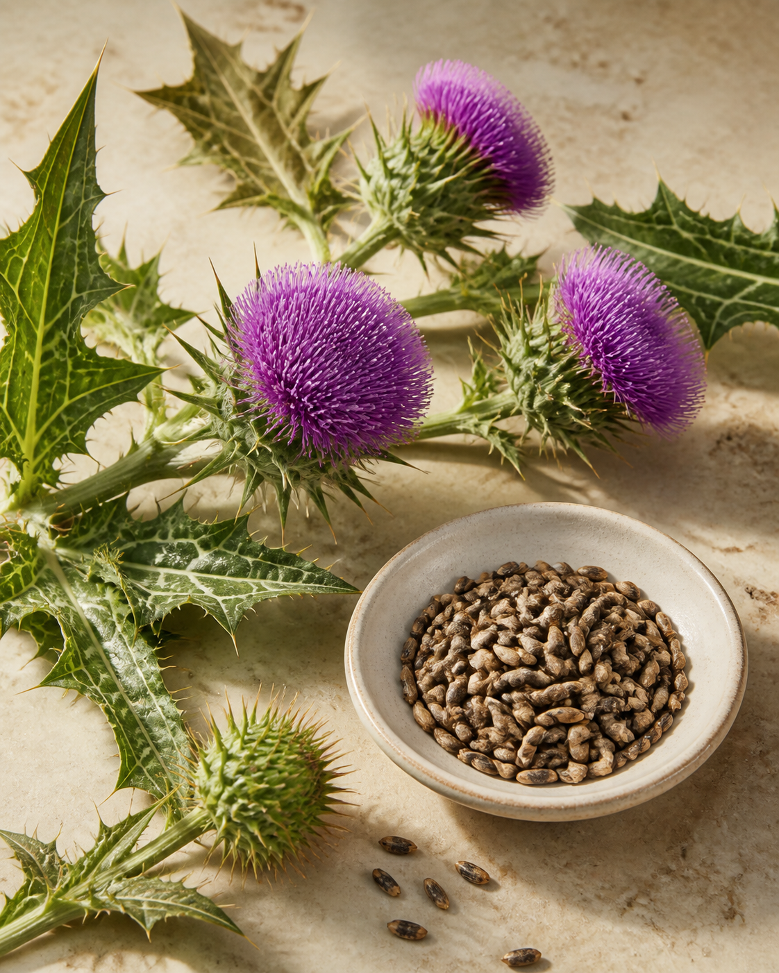 Milk thistle flowers and seeds in an editorial ingredient study