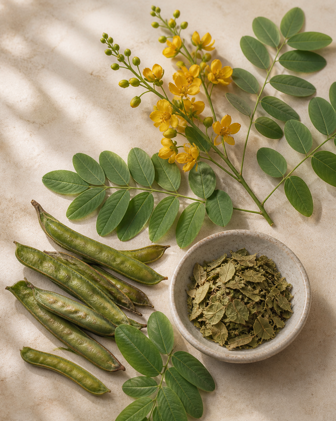 Senna leaves and pods in an editorial ingredient study