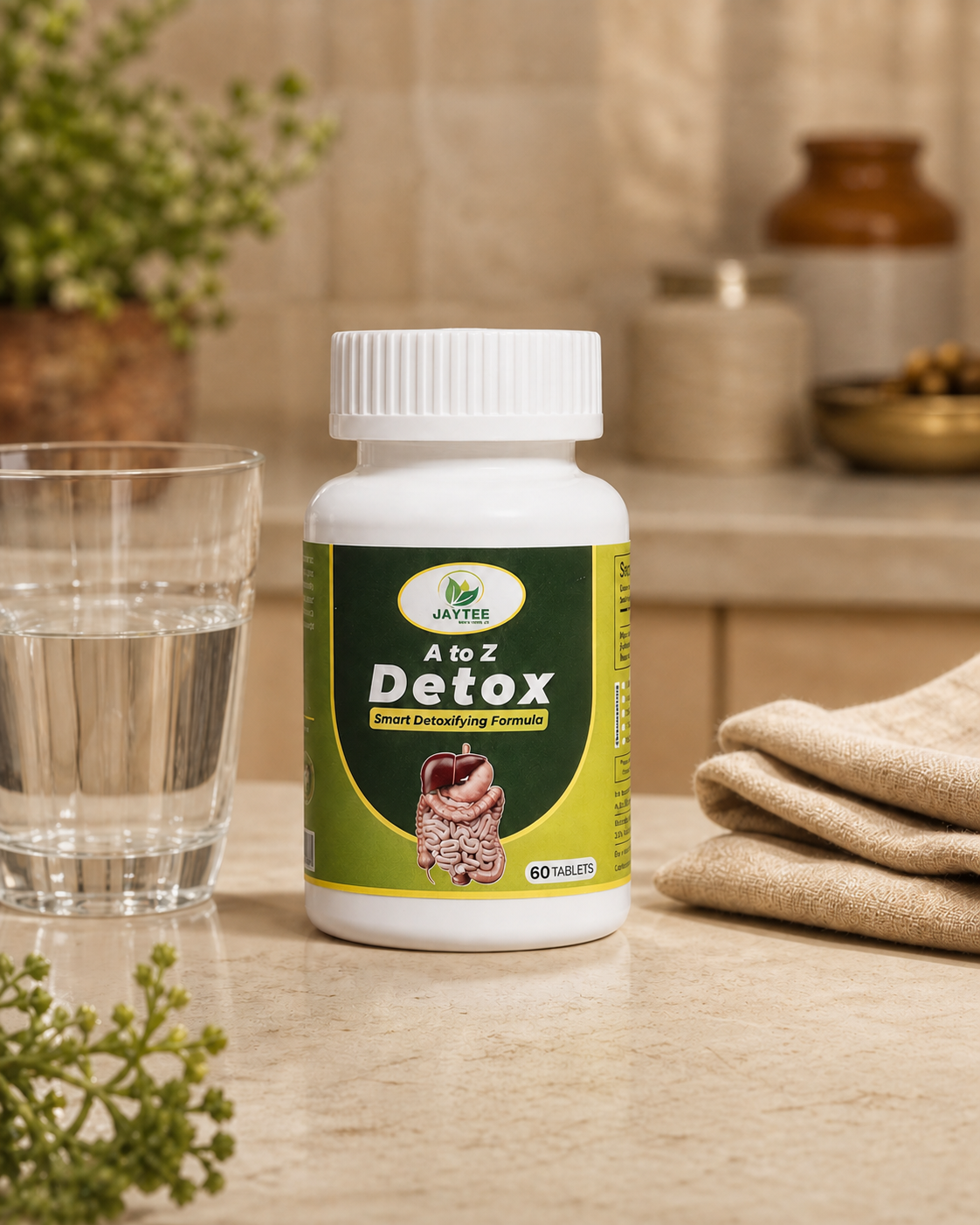 Closed A to Z Detox 60-tablet bottle beside a calm evening care setting