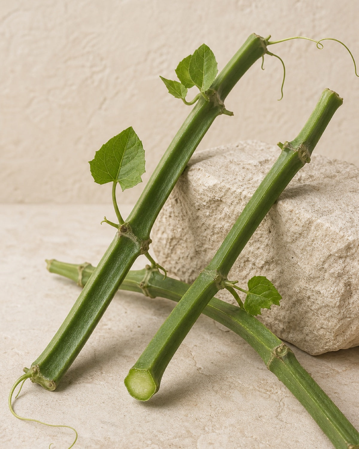 Four-angled Hadjod stems with leaves and tendrils in an editorial ingredient study