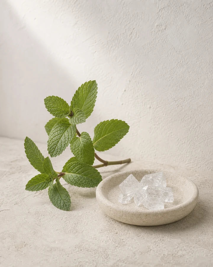Field mint leaves and menthol crystals in an editorial ingredient study