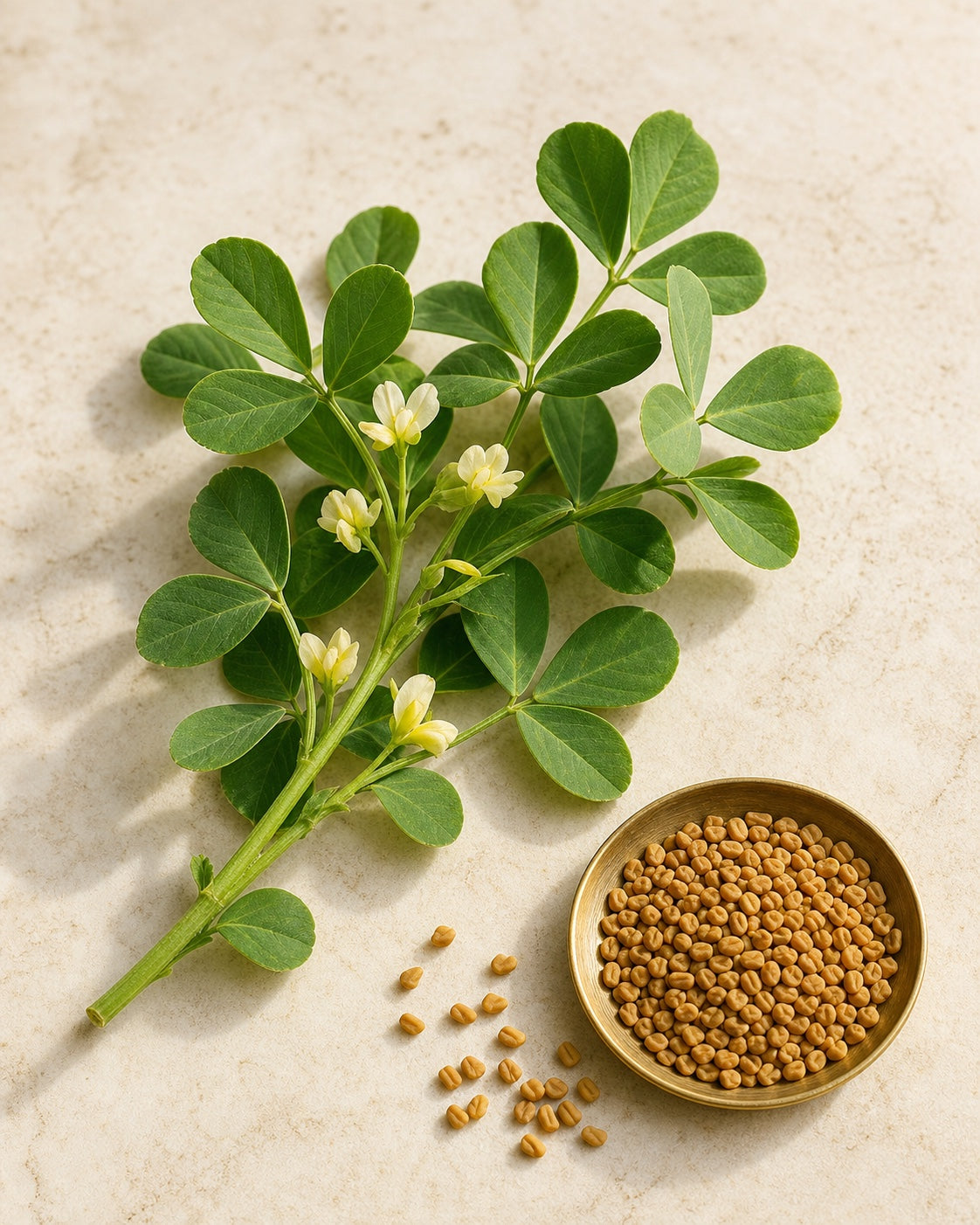 Methi leaves, flowers and fenugreek seeds in an editorial botanical study