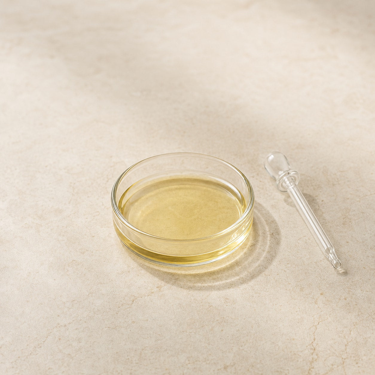 A restrained glass-and-oil component study without an implied fish species or capsule appearance
