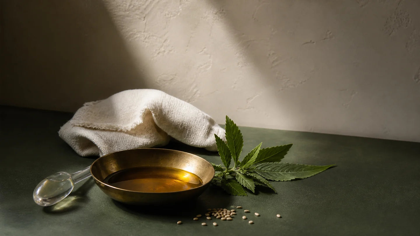 A small brass bowl holding amber massage oil