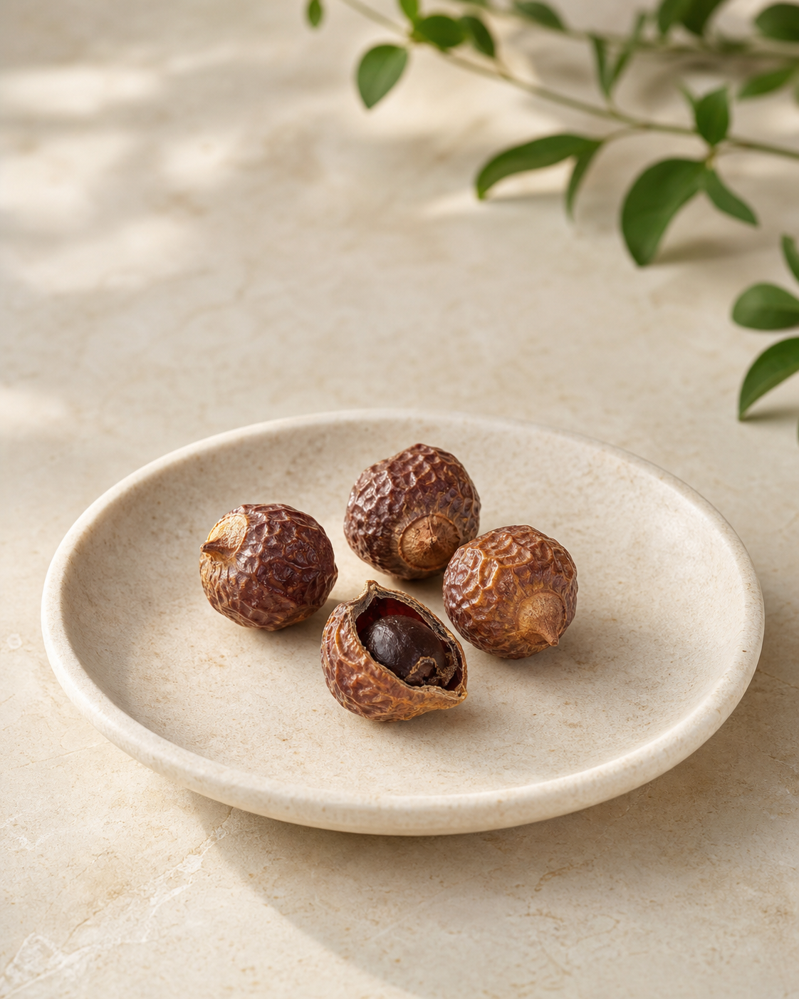 Whole dried Sat Ritha shells in an editorial ingredient study