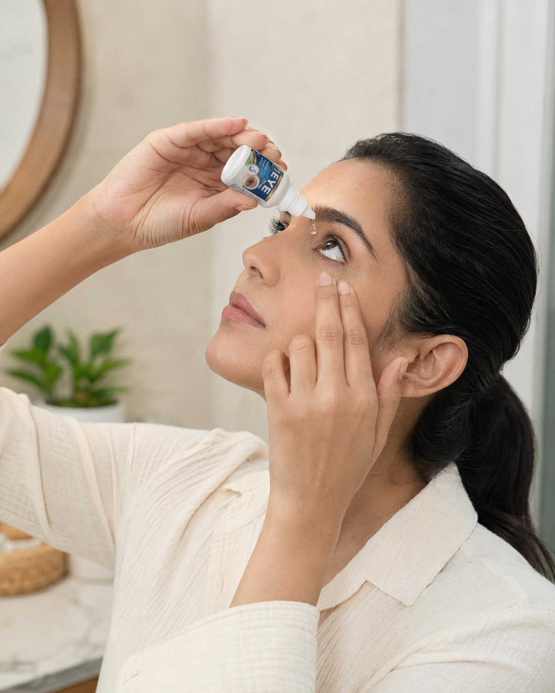 Adult in side profile applying one drop from a Jaytee Eye Drops 10 ml bottle without nozzle contact