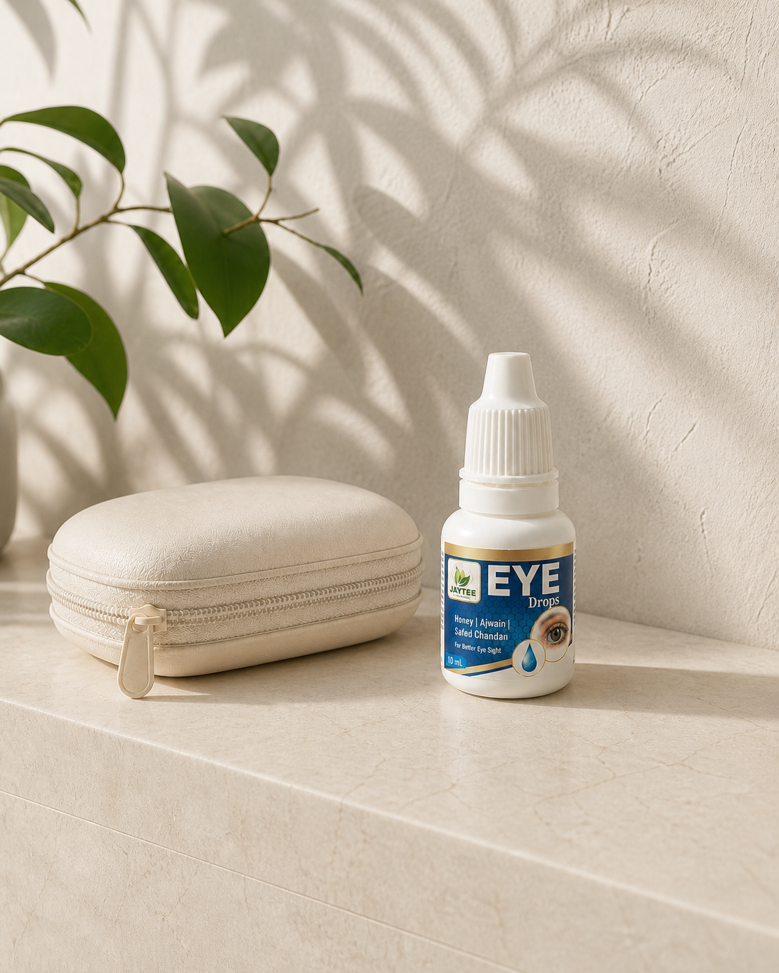 Closed Jaytee Eye Drops 10 ml bottle beside a cream travel case in a practical care setting