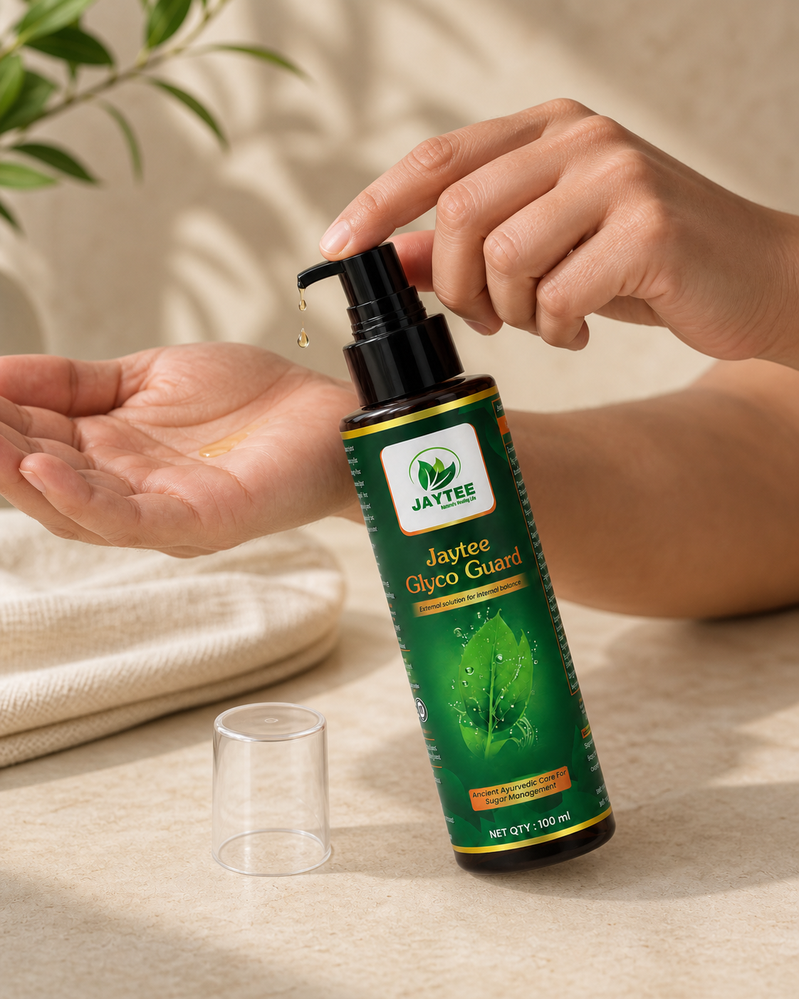 Adult dispensing Glyco Guard drops from the pump bottle into an open palm