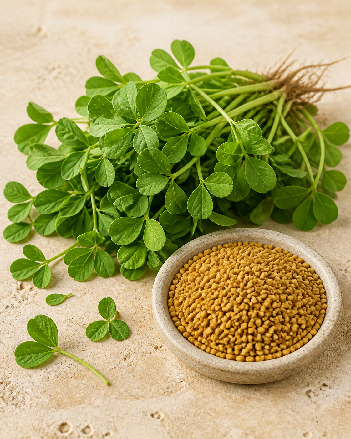 Fresh fenugreek leaves and seeds in an editorial botanical study