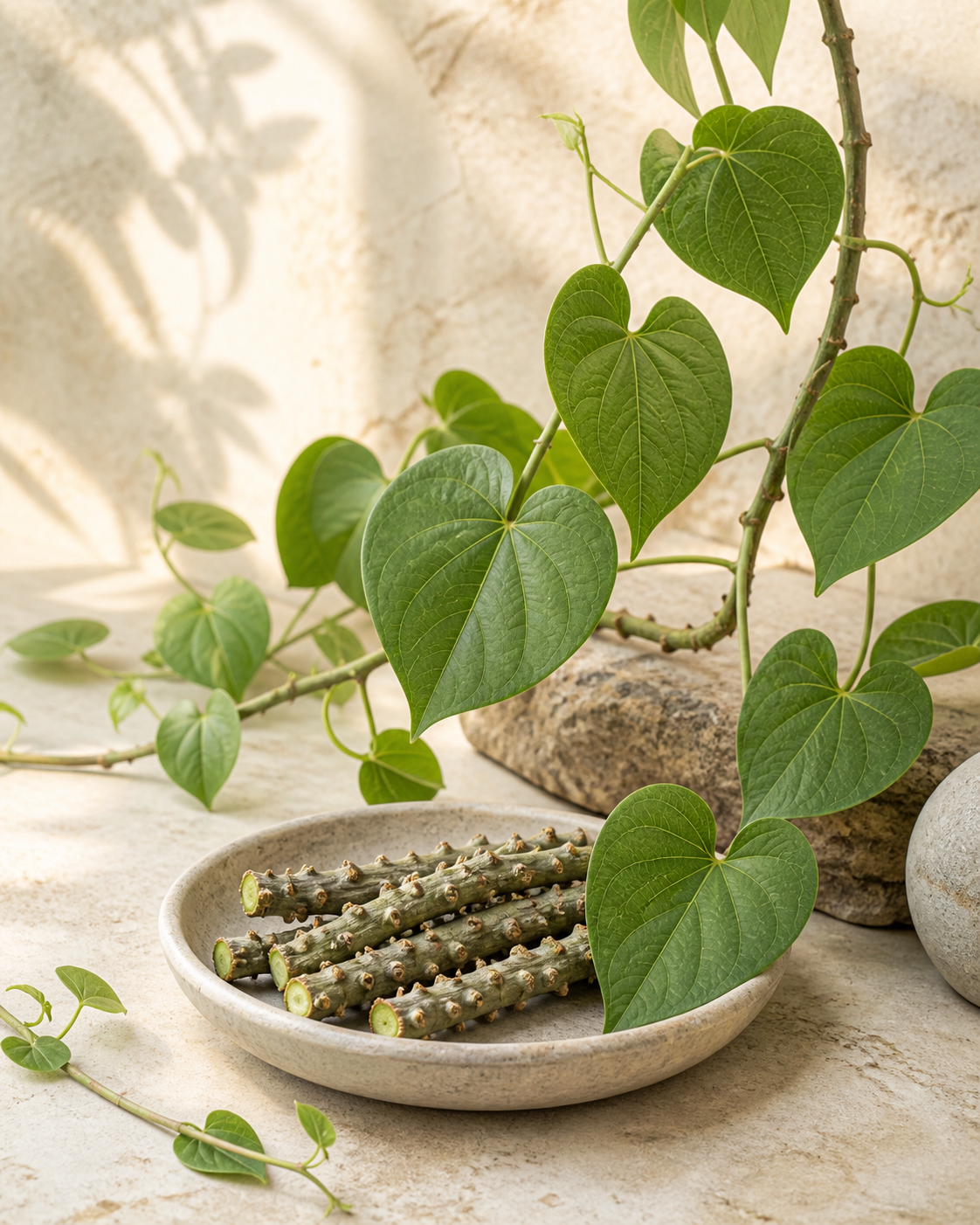 Guduchi vine, heart-shaped leaves and cut stems in an editorial botanical study