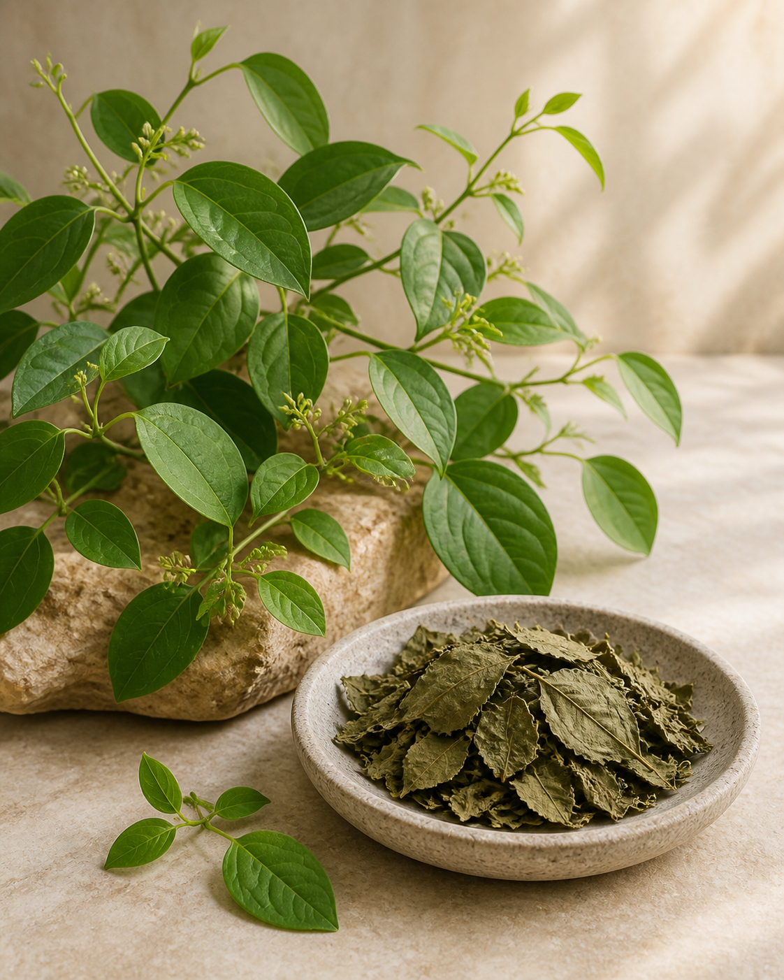 Gymnema vine and dried leaves in an editorial botanical study
