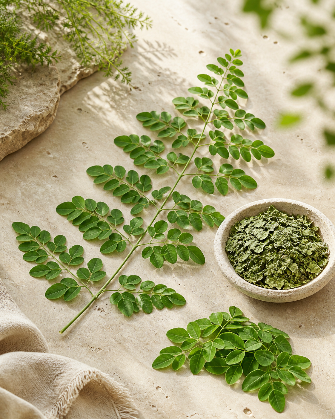 Moringa leaves and dried leaf material in an editorial botanical study