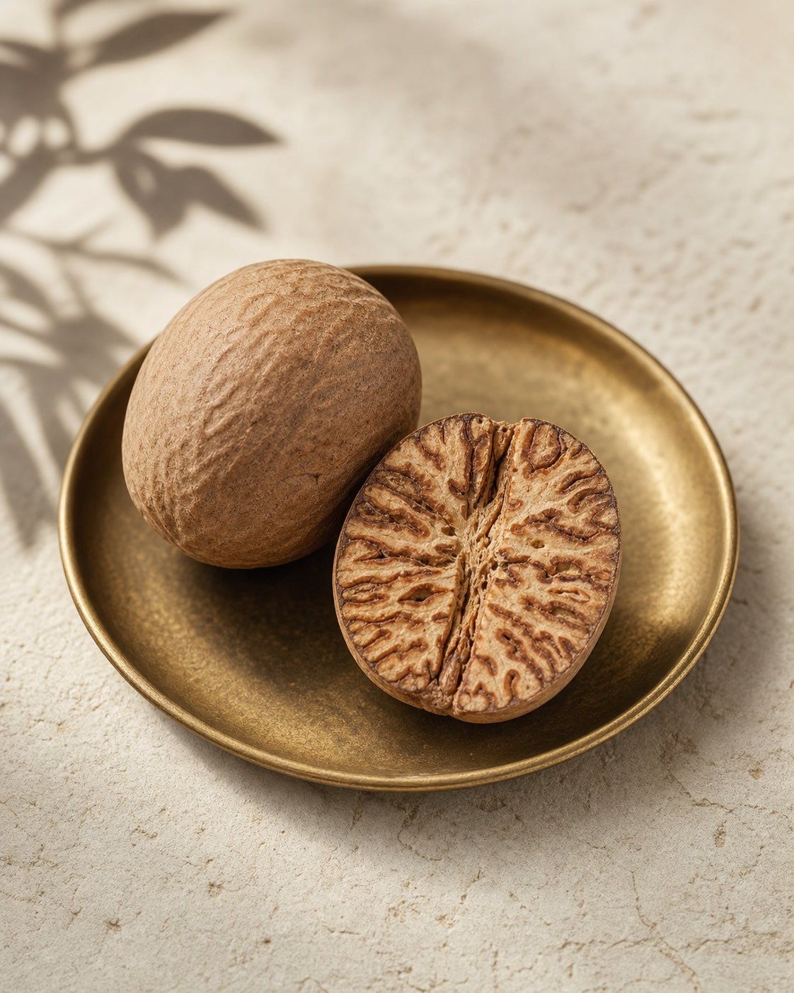Whole and split nutmeg in an editorial botanical study