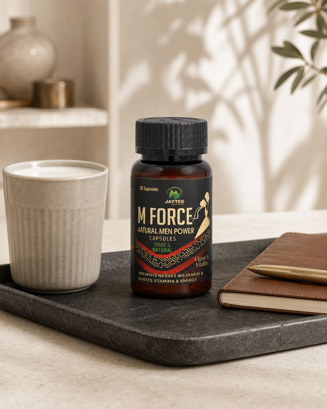 Closed M Force 30-capsule bottle beside milk and a notebook in a practical care setting