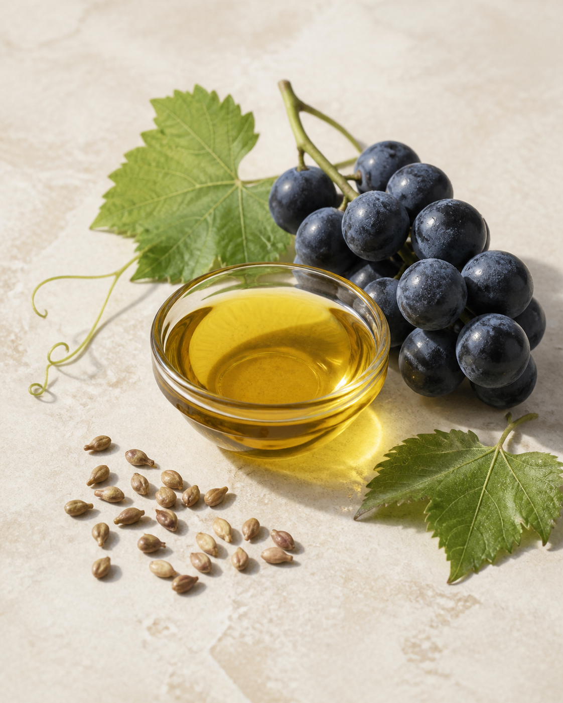 Grapes, seeds and golden oil in an editorial ingredient study