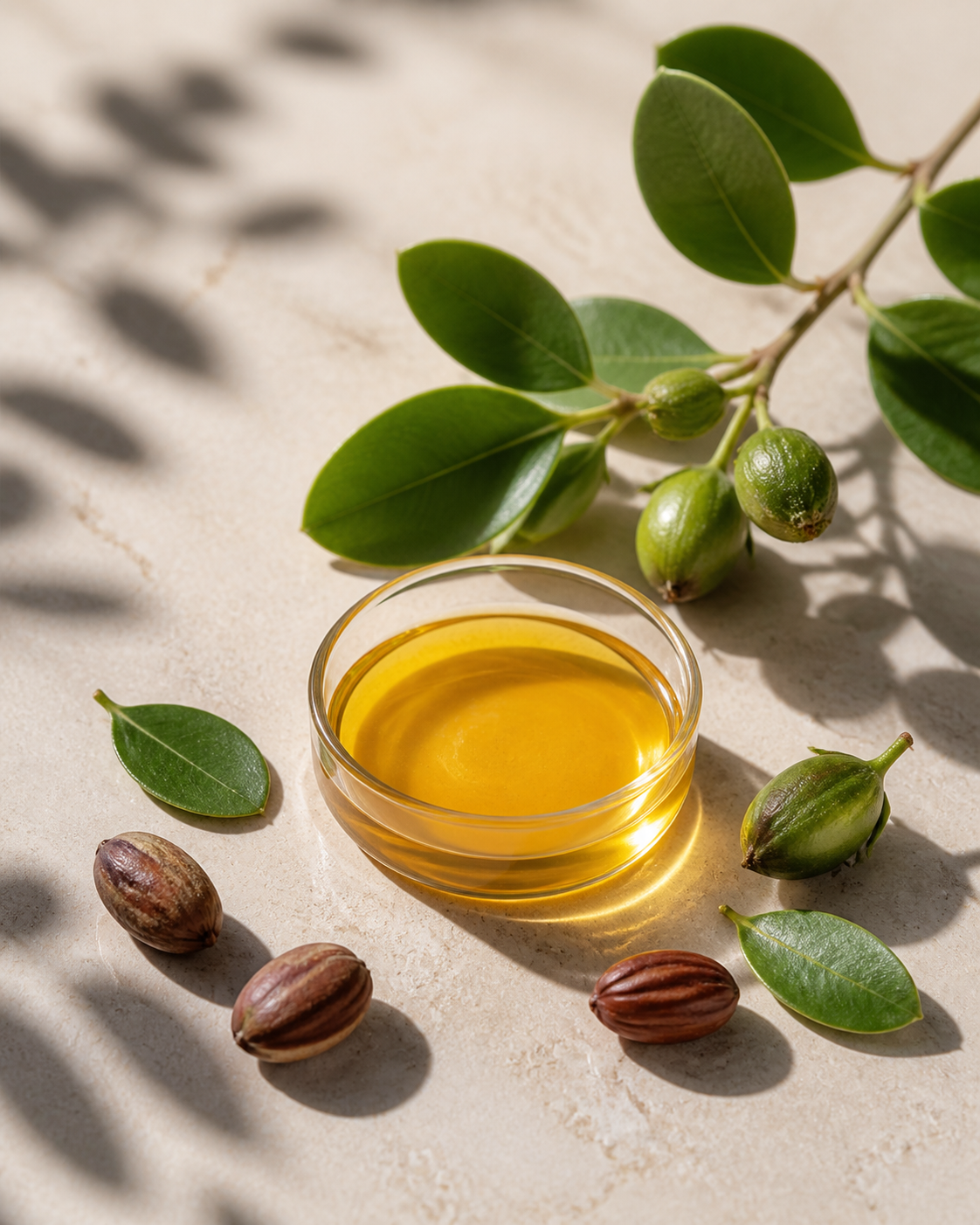 Jojoba fruit, seeds and golden oil in an editorial ingredient study