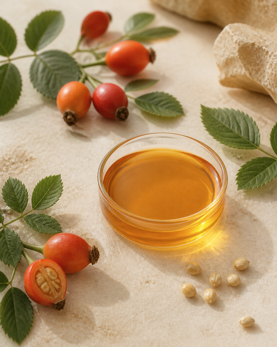 Rosehips, seeds and amber oil in an editorial ingredient study