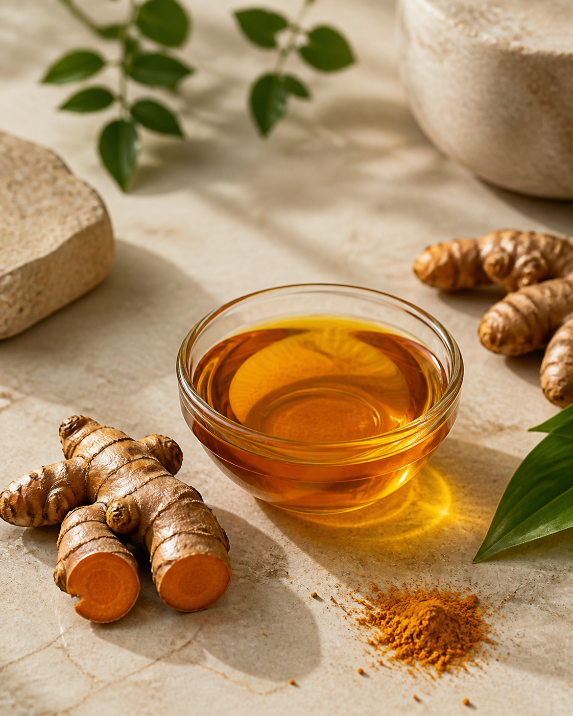 Turmeric rhizomes, powder and golden oil in an editorial ingredient study
