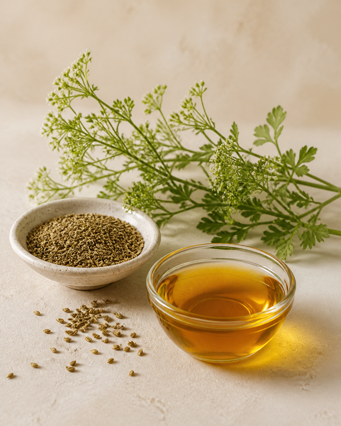 Ajwain seeds and flowering stems in an editorial ingredient study