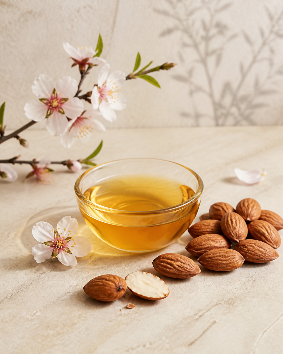 Whole and opened almonds with oil in an editorial ingredient study