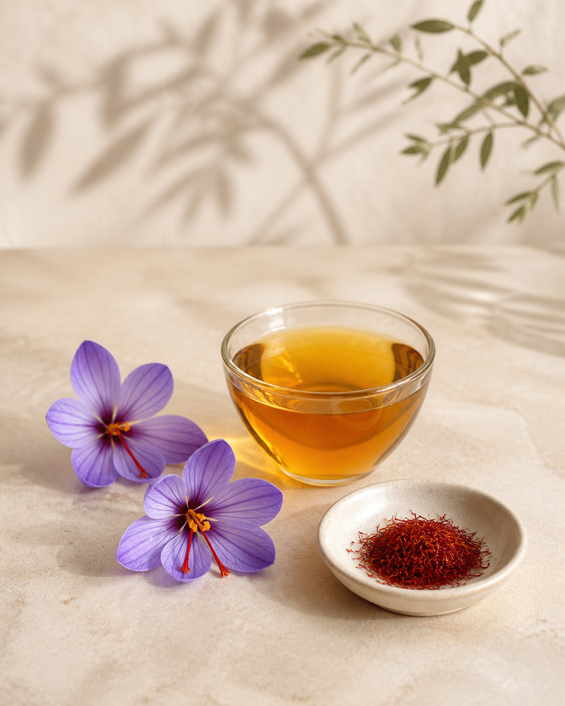 Saffron crocus flowers and threads in an editorial ingredient study