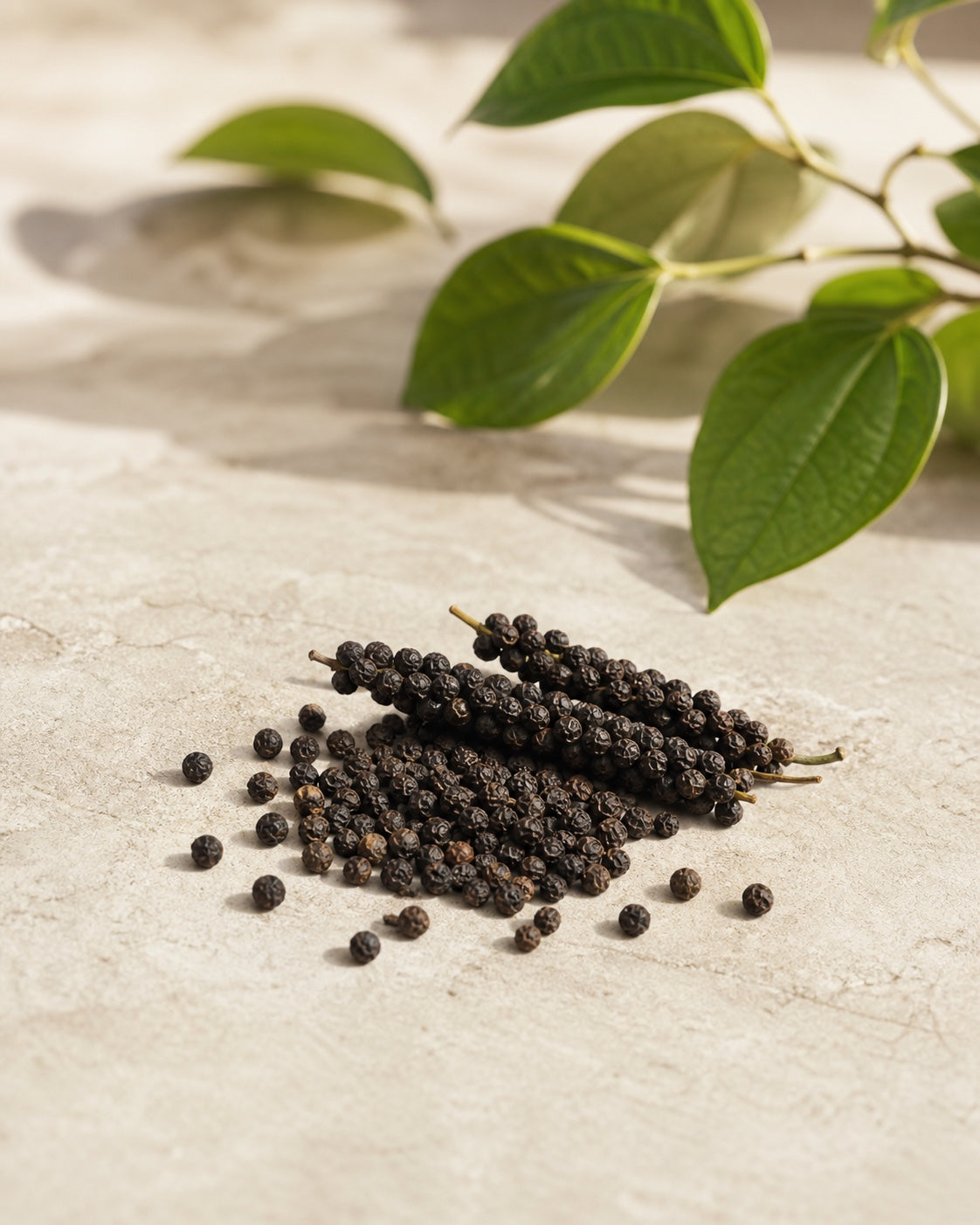 Whole black peppercorns and pepper spikes in an editorial botanical study