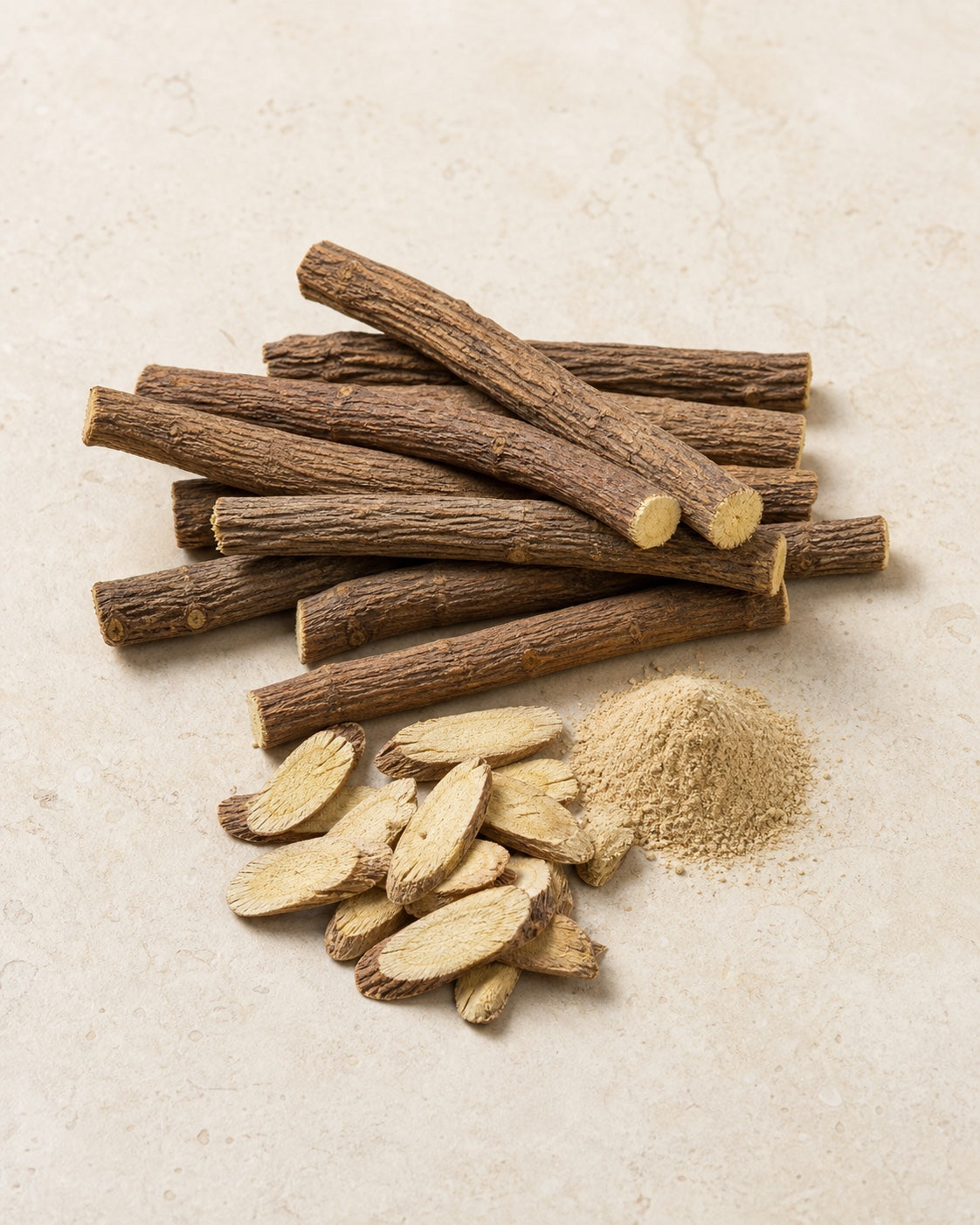 Dried licorice roots, cut pieces and powder in an editorial ingredient study